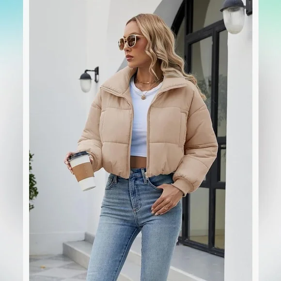 Khaki puffer cropped coat - Picture 1 of 3